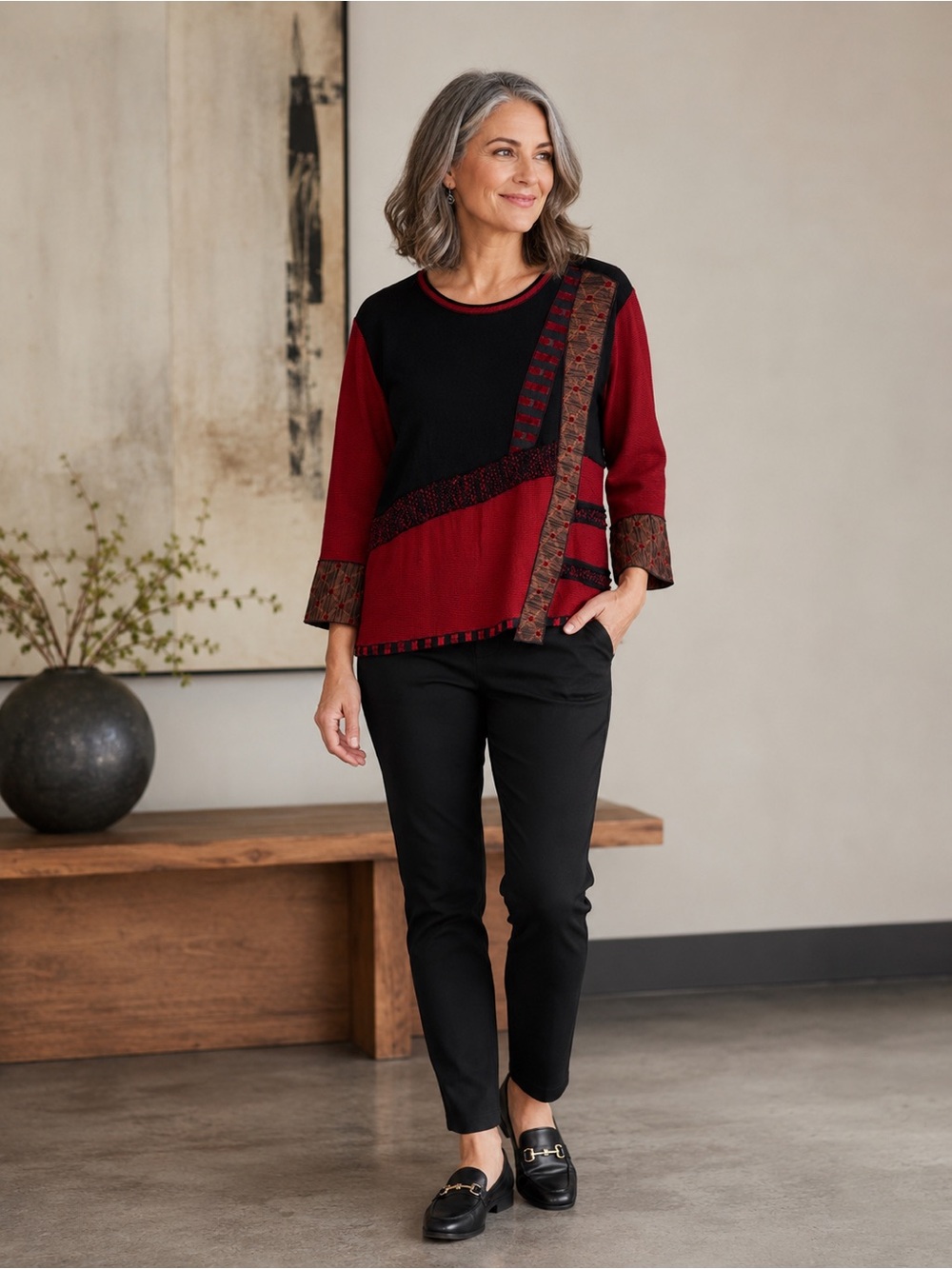 Xiao Vintage Large Red And Black Sweater Pullover Top Relaxed Textured USA Artsy